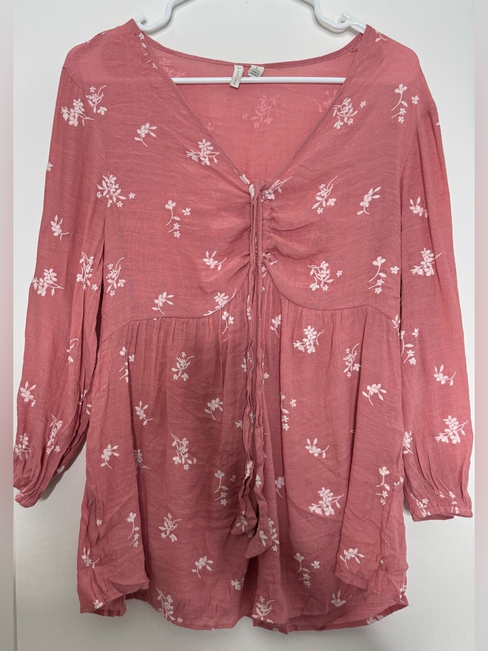 Cato Rose-Pink Floral Tie-Front Peasant Blouse babydoll embroidered LG long slv